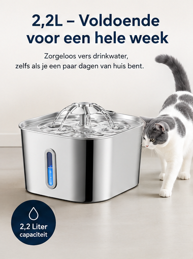 Premium RVS Drinkfontein voor Katten – 2,2L | Fluisterstil • 304 RVS • BPA-vrij