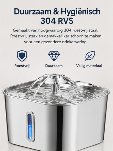 Premium RVS Drinkfontein voor Katten – 2,2L | Fluisterstil • 304 RVS • BPA-vrij