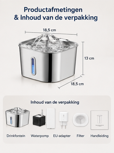 Premium RVS Drinkfontein voor Katten – 2,2L | Fluisterstil • 304 RVS • BPA-vrij